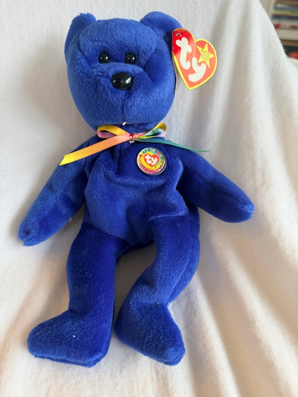 Ty Blue Plush Bear with Rainbow Ribbon and Heart Tag
